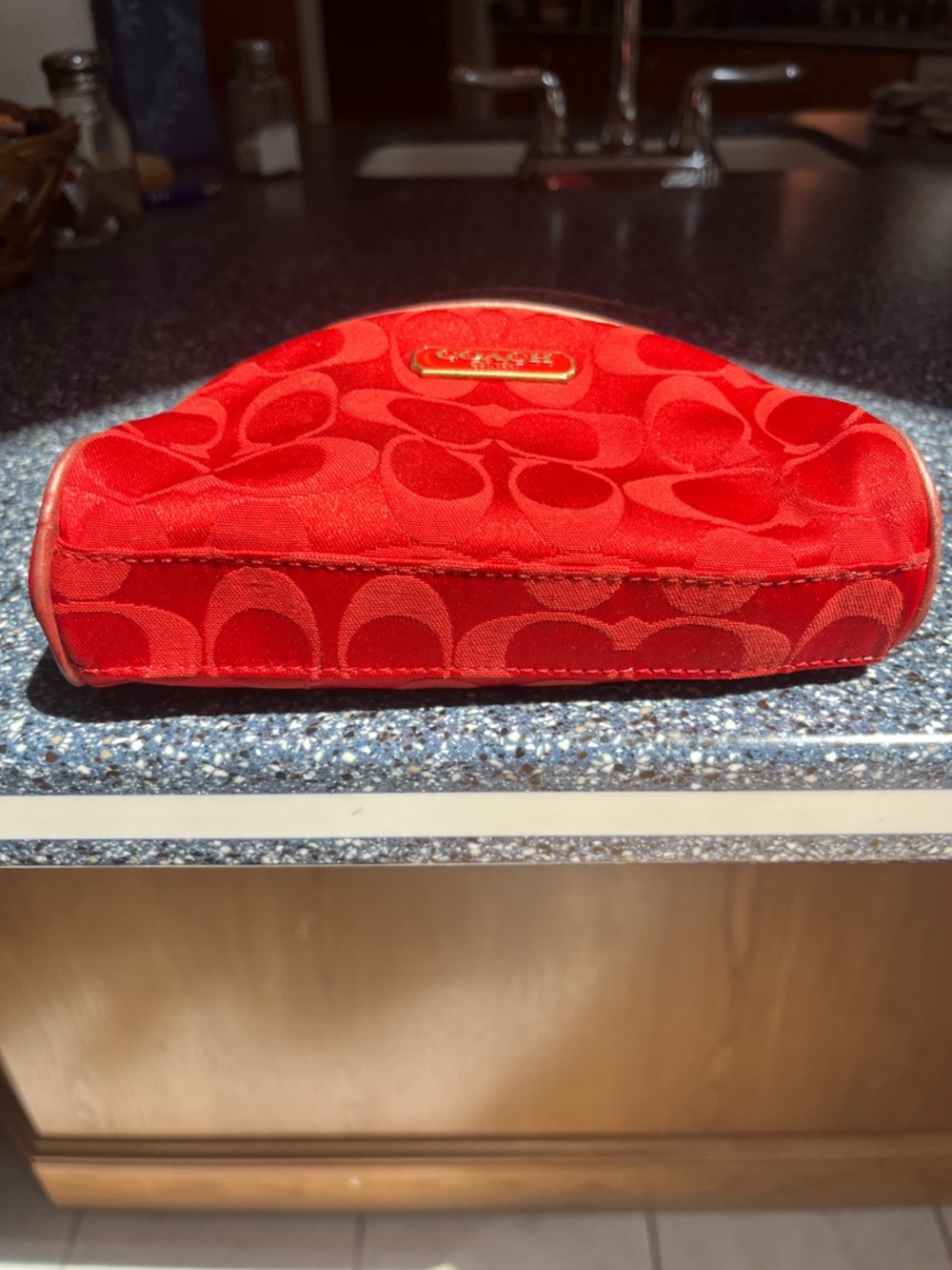 Coach Red Signature Jacquard Cosmetic Case with Gold Plaque - Picture 2 of 6